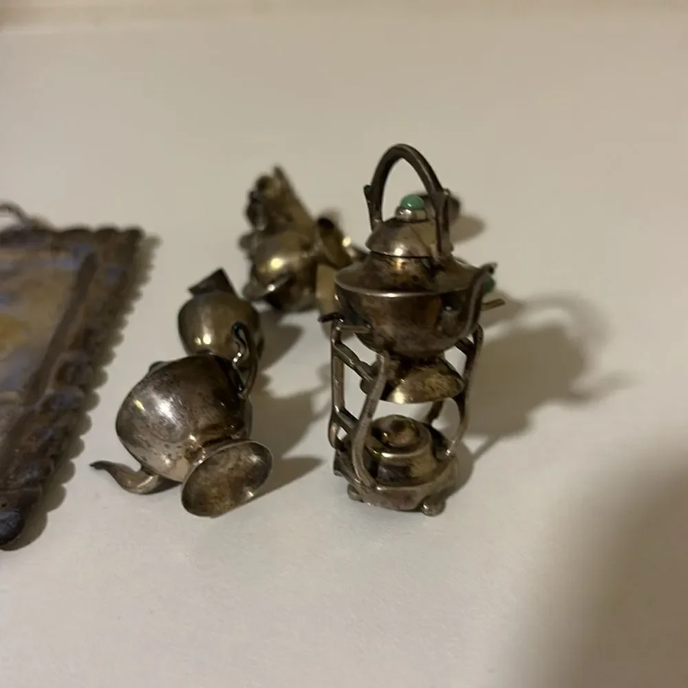 RARE -ANTIQUE STERLING SILVER Turquoise 9 Pieces Miniature Tea Set